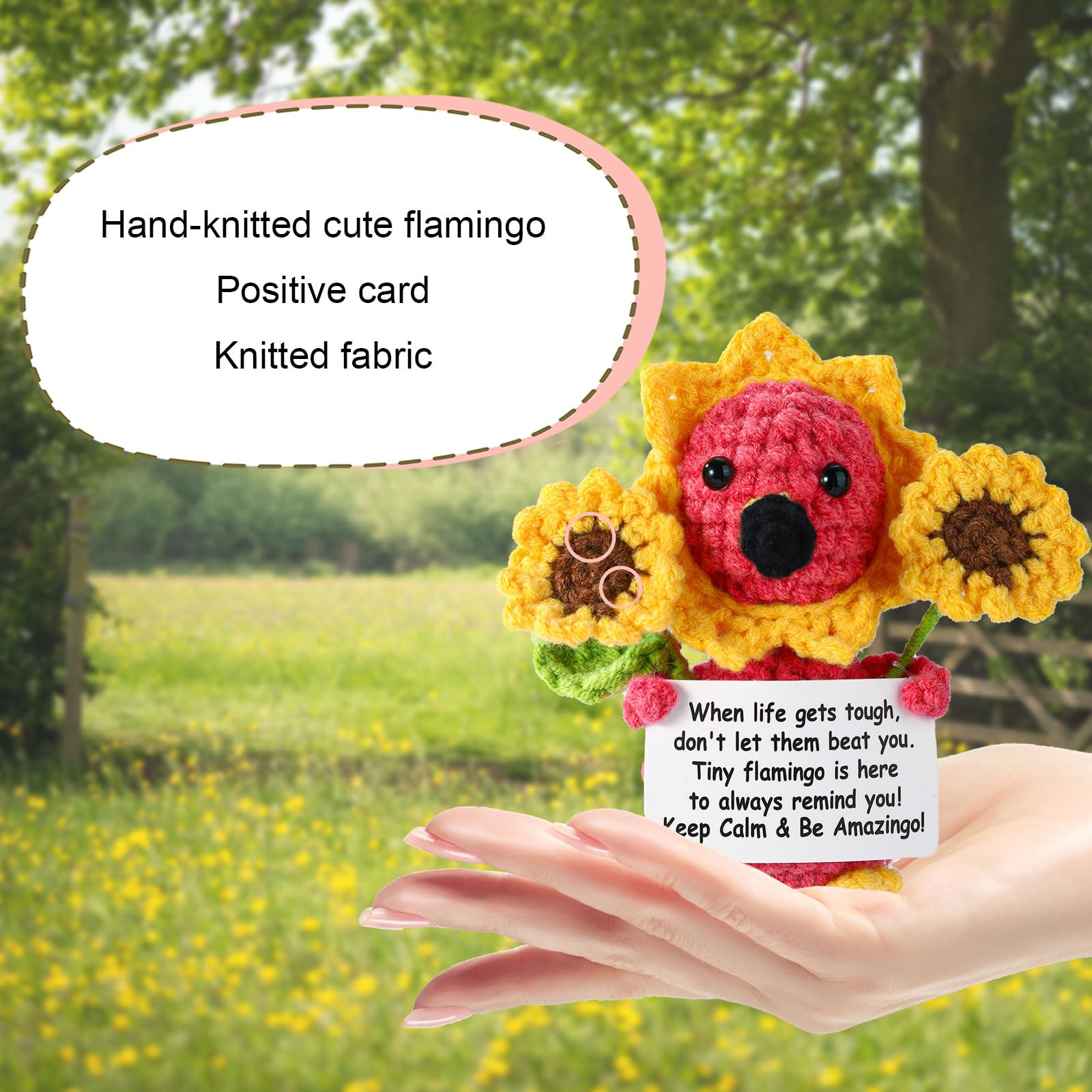 TOYMIS Flamingo Crochet, Cute Soft Knitted Sunflower Flamingo Doll with Inspirational Card Funny Handmade Crochet Gifts Positive Affirmation Gifts for Men Women Friends - Image 3