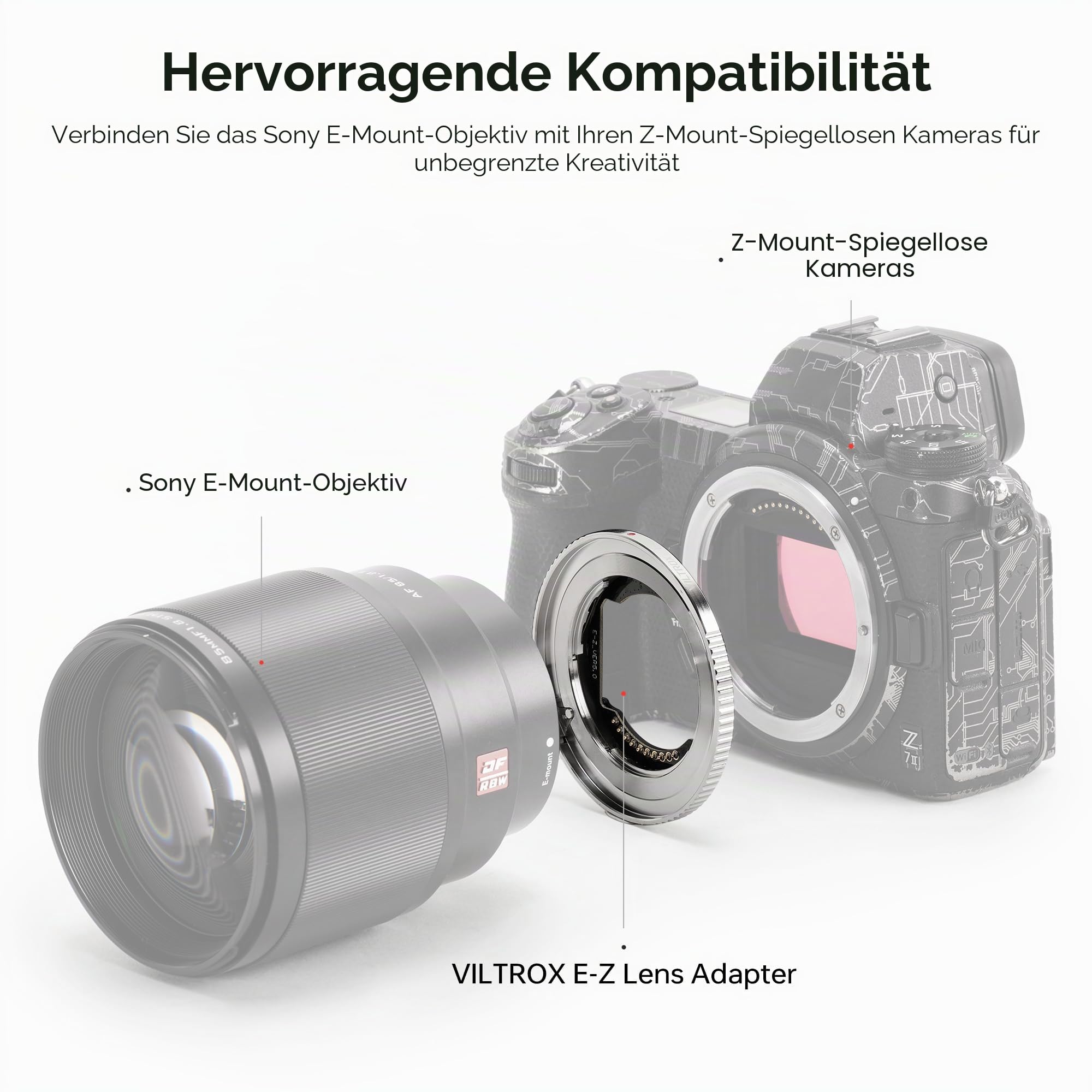 VILTROX E-Z Objektivadapter, ultradünner 4mm Autofokus Ring Mount Adapter, Objektivkonverter, kompatibel mit E-Mount-Objektiven für spiegellose Nikon Z-Mount-Kameras Z5 Z50 Z6 Z6II Z7 Z7II Zfc