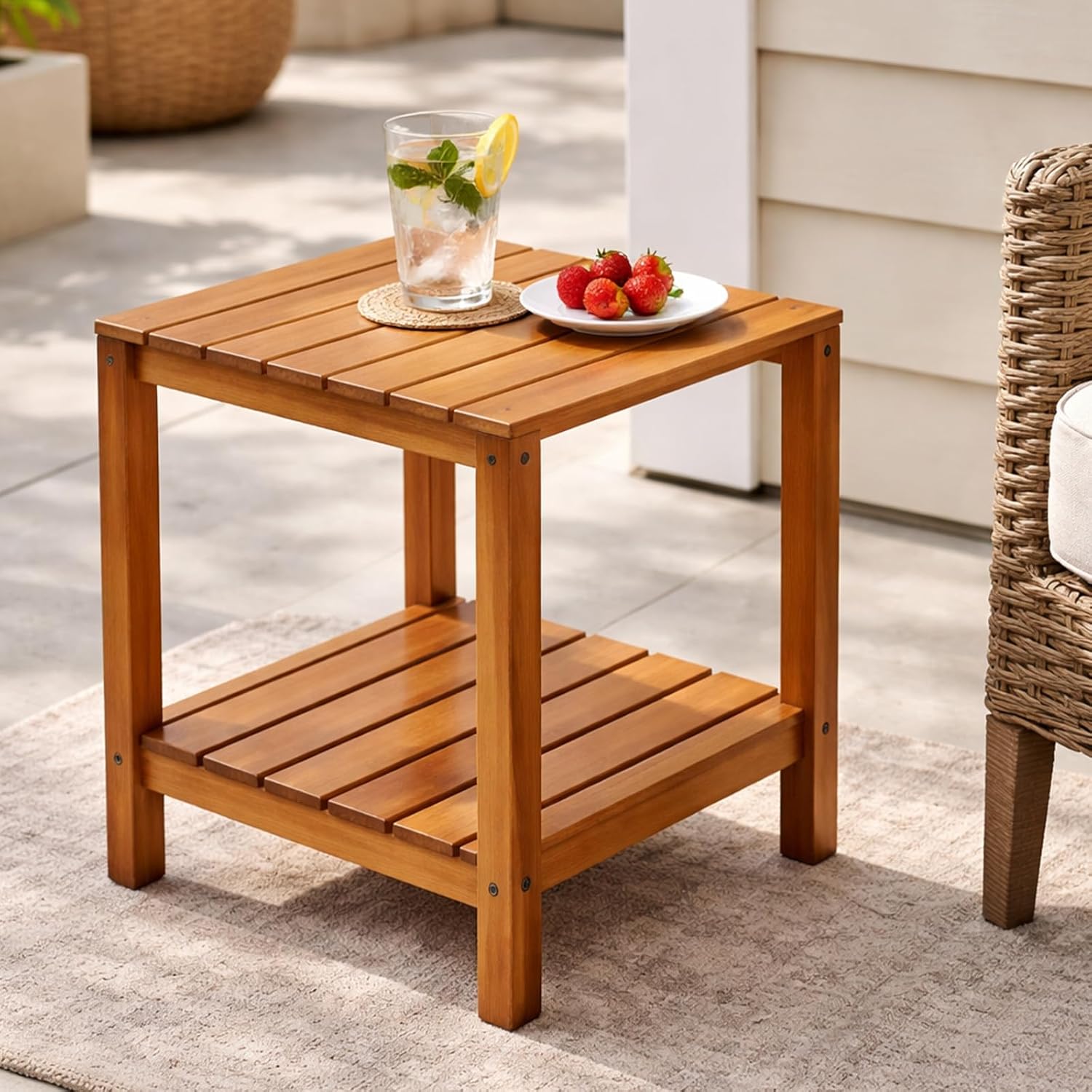 Outdoor Side Tables for Patio Set of 2, Small End Table Living Room Accent Coffee Table 2-Tier Storage Solid Wood Table for Porch, Pool, Balcony & Backyard Weather-Resistant Outside Adirondack Table