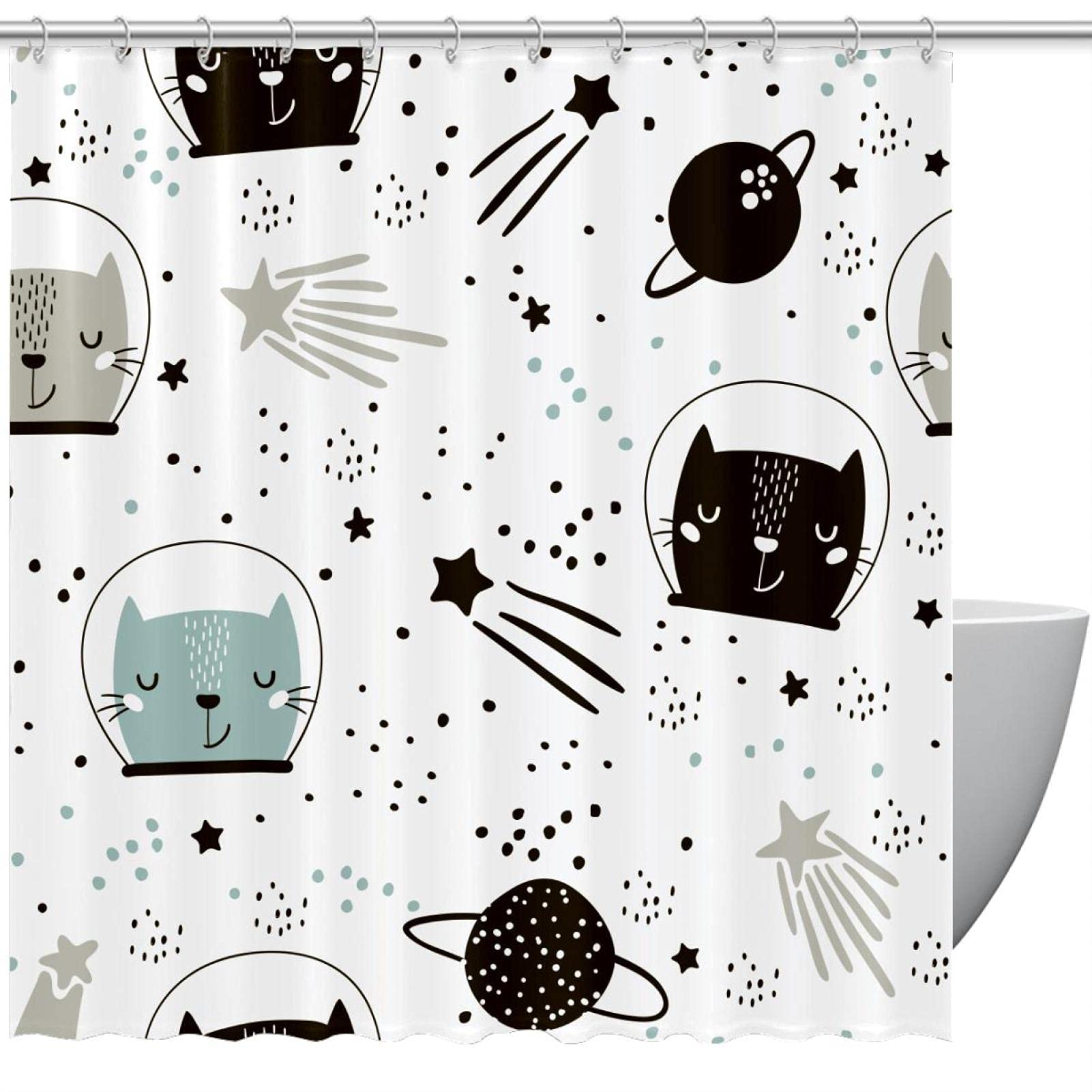 Rideau de douche Space Cat anti-éclaboussures pour garder le sol sec