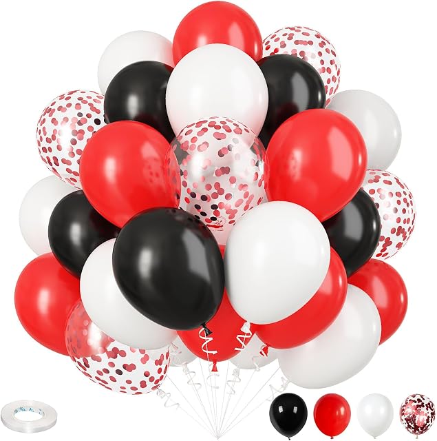 Red Black and White Balloons, 12 Inch Matte Red Black and White with Red Confetti Helium Latex Balloons Set for Boys Casino Racing Theme Birthday Wedding Baby Shower Graduation Party Decorations