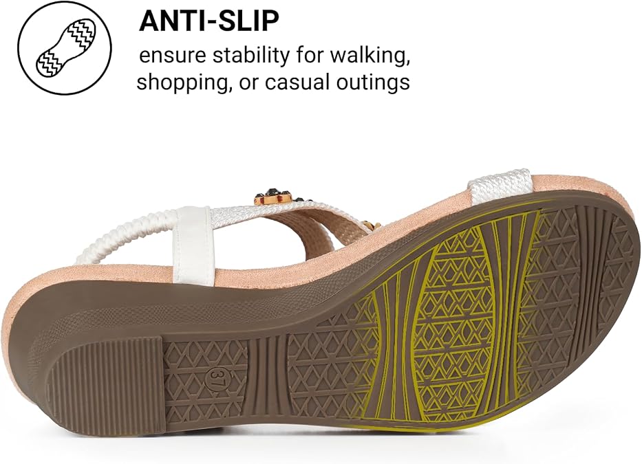 Wedge Sandals for Women Dressy, Woman's Sandal Comfortable Low Wedges Heels Ankle Elastic Strap Sandles with Flower Rhinestones