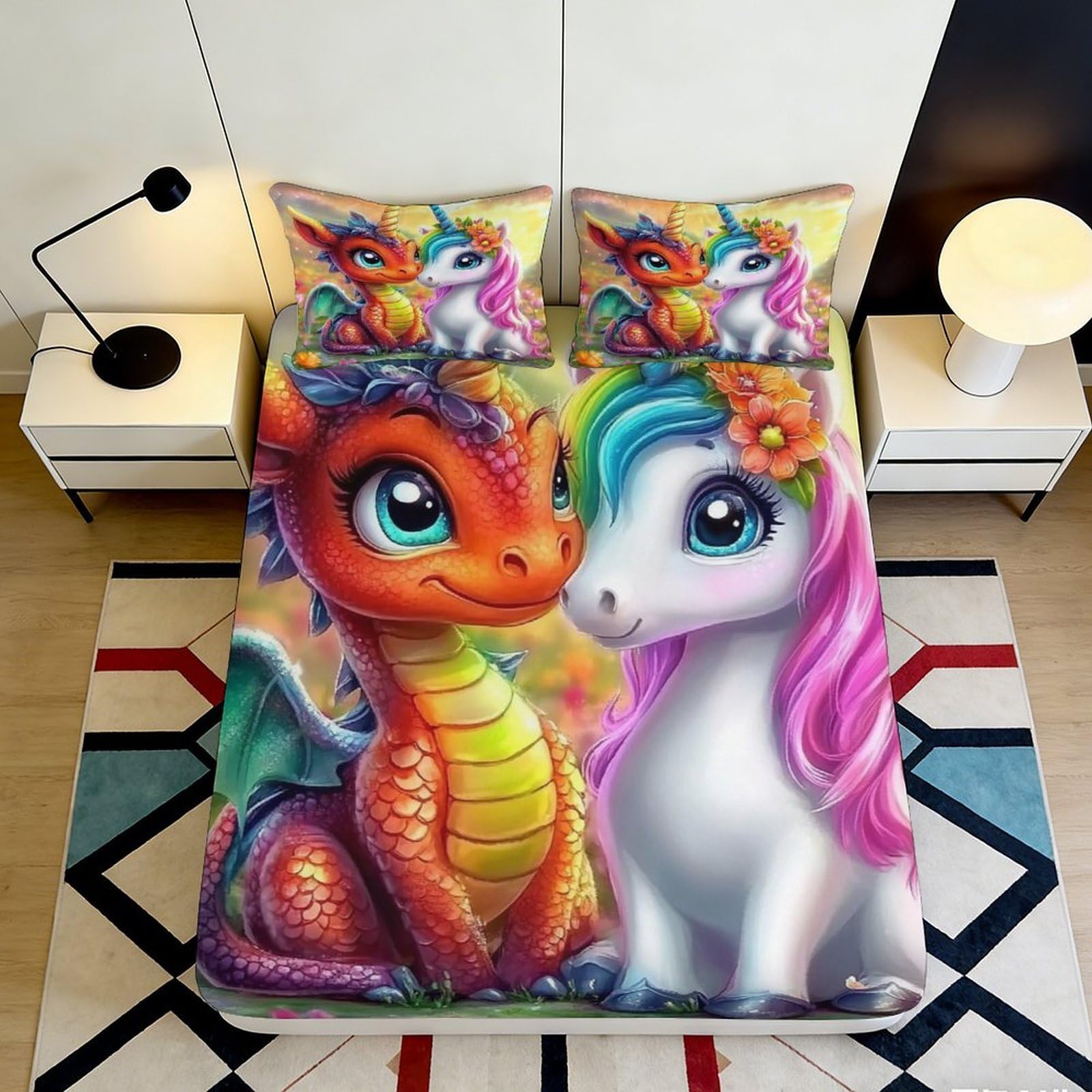3D Printed Dragon Unicorn Fitted Sheet Microfiber Vibrant Cartoon Bed Cover for Bedroom Dorm Room Decor 90x200x25cm