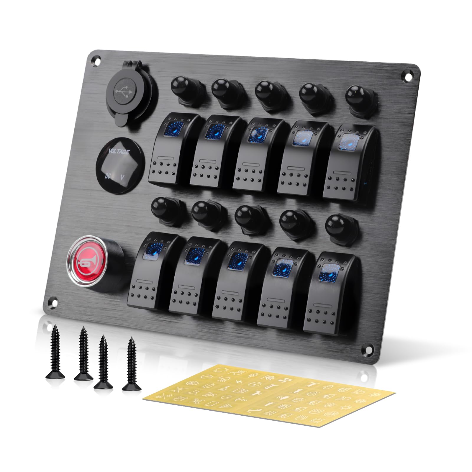 Photo 1 of ***DAMAGED WIRES****
10 Gang Marine Rocker Switch Panel, Boat Toggle Switches Panel with LED Circuit Breaker, 12V/24V DC Power Socket & Horn Button, IP65 Waterproof, Dual USB Charger Voltmeter ON/Off for Car RV Truck