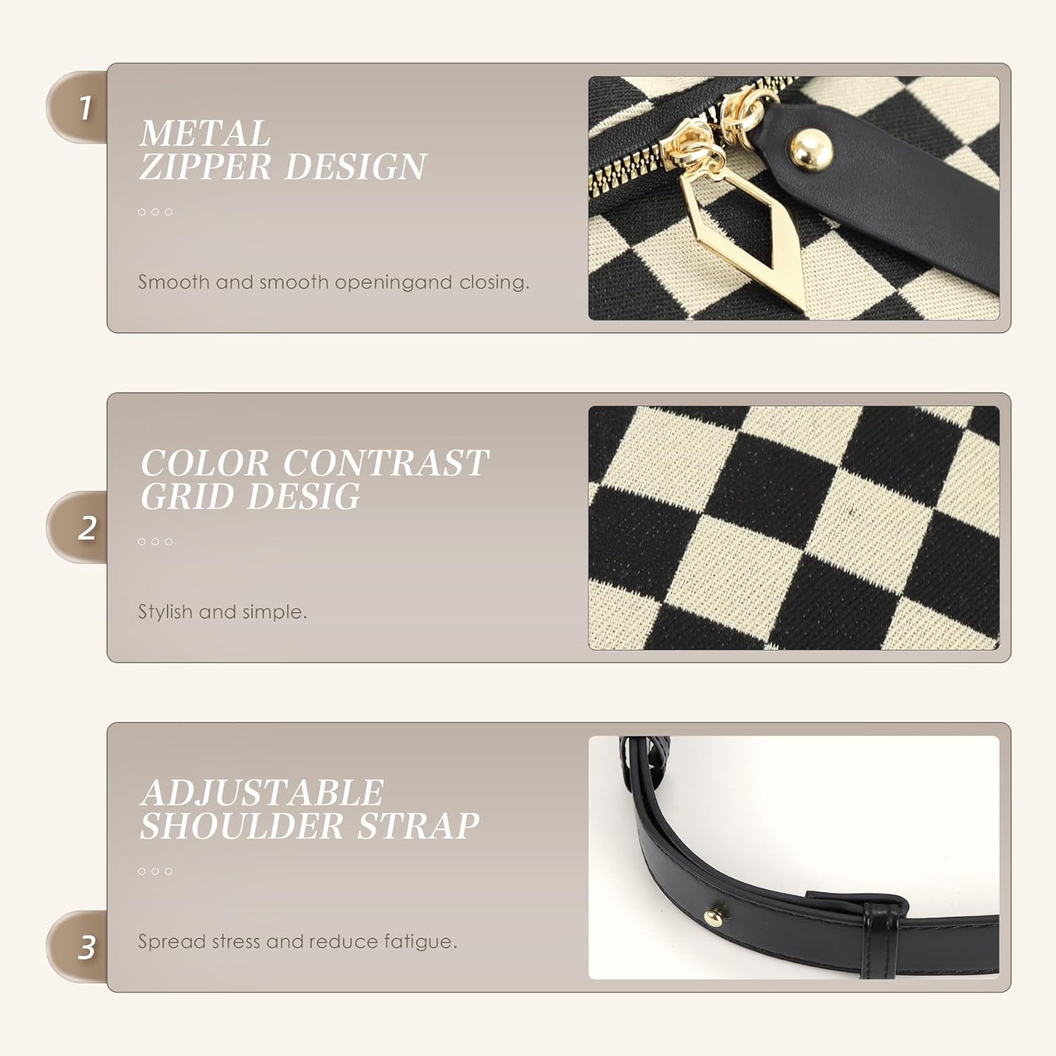 hibear バムバッグ 女性用 クロスボディ、ナイロン チェック クロスボディ バッグ ブラックとホワイト 市松模様の財布 オーバ