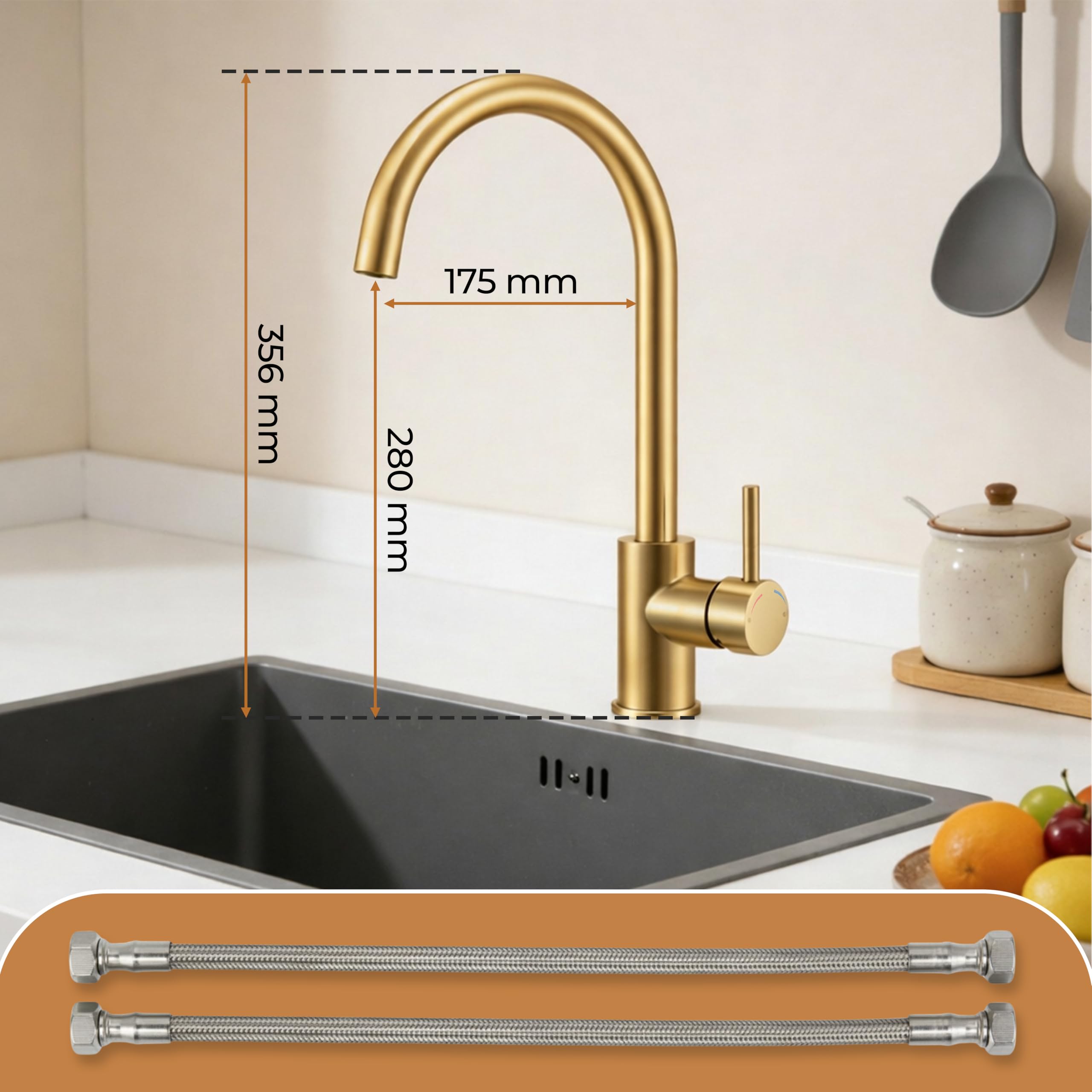 MELTA. Robinet Cuisine Pivotant 360° – Mitigeur Évier Arc Élevé en Acier Inoxydable, Robinet Cuisine avec Levier Unique, Robinet Évier Cuisine Moderne, Installation Facile (OR BROSSÉ) - 2