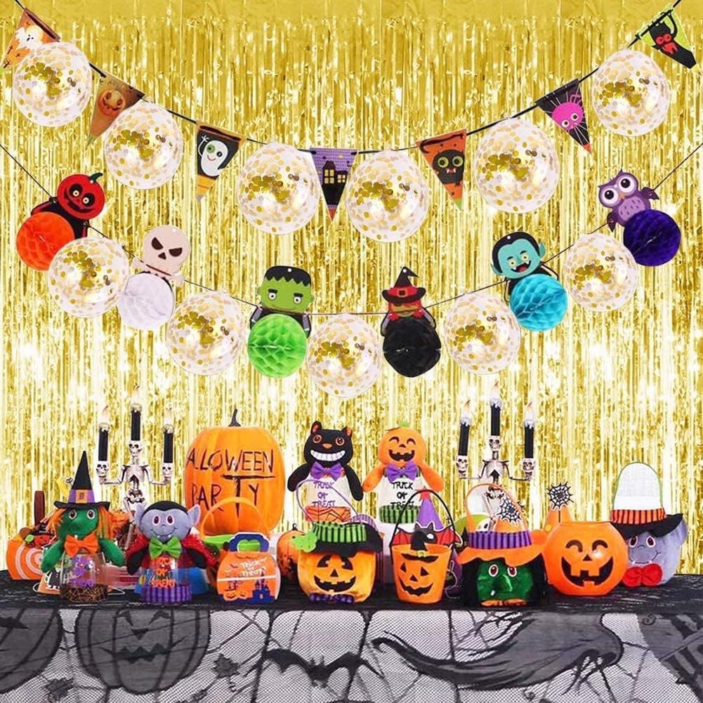 4 Pack Black Gold Foil Fringe Curtain Backdrop 3.2 x 8.2 Ft Metallic Tinsel Streamers with Adhesive Back Shimmer Party Background for Birthday Graduation New Year Halloween Wedding Photo Booth Decor | Four panels provide broader backdrop coverage; adhesive metallic streamers suit photo booths and black gold events