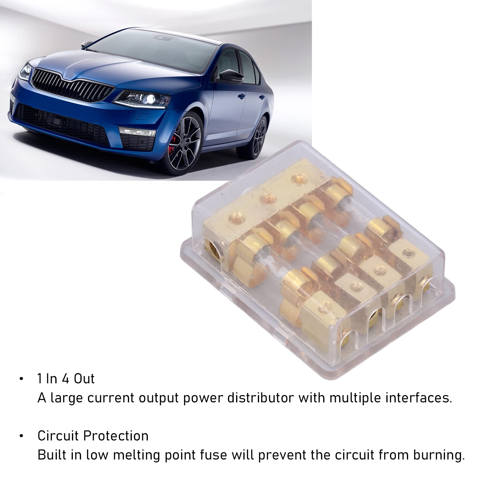Bloc de Distribution D'alimentation, Abs+cuivre Bloc de Distribution D'alimentation Distributeur Audio de Voiture Distributeur au Sol 1 en 4 Porte-fusible 60a Bloc de Connexion Audio de Voiture 4 Dist