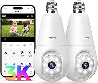 Hugolog 3K 5MP Light Bulb Security Cameras Wireless Outdoor-2.4GHz Cameras for Home Security Indoor with AI Sound Processing, Motion Detection,Color Night Vision,Auto Tracking,Siren Alarm