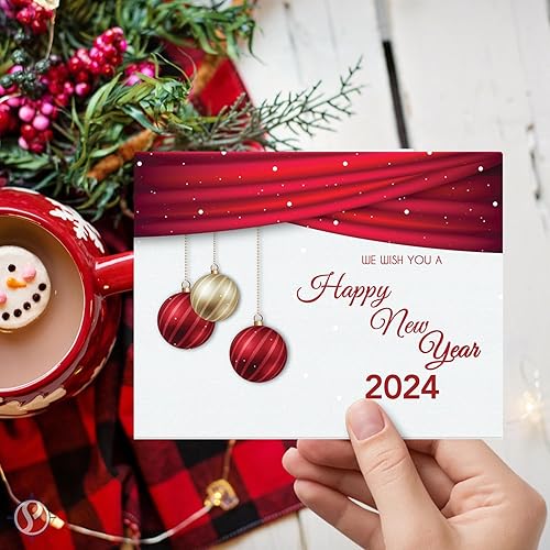 Miniatura 4 de Juego de tarjetas de feliz año nuevo 2024  Elegante bola roja de Navidad, Año Nuevo, saludos de vacaciones, invitaciones, anuncios, agradecimientos