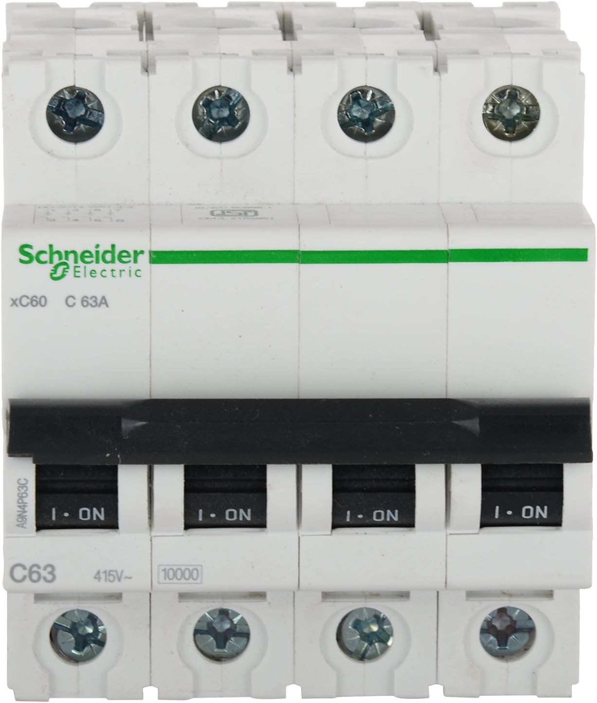 Acti9 63A 4-Pole MCB(C Curve)| 10kA Short-Circuit Protection | Industrial & Residential Use | DIN Rail Mount | Overload & Short Circuit Safety| IEC Certified, White(ACT 9 'C' CURVE)