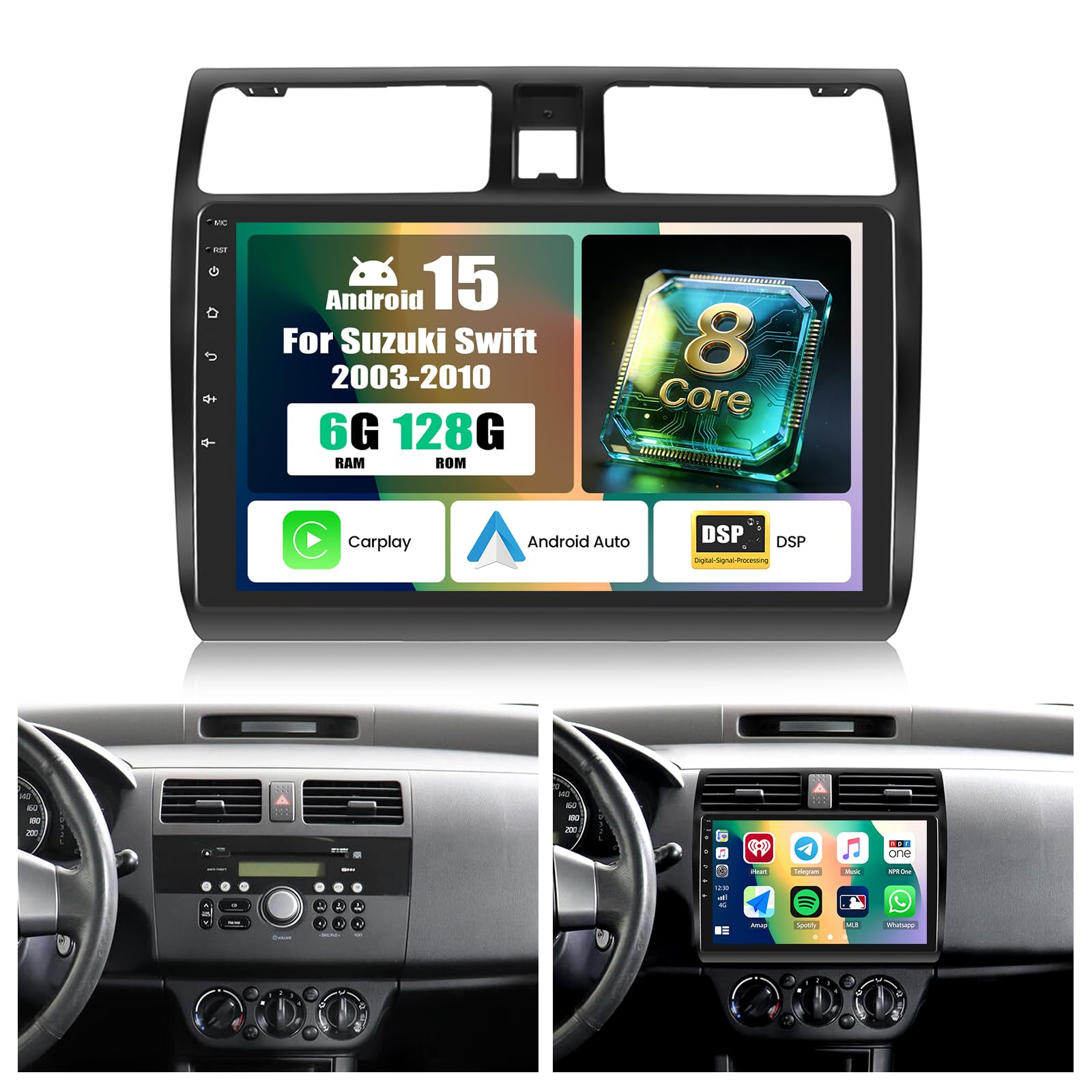SIXTOP 8 Core 6+128G Android 15 Radio de Coche para Suzuki Swift 2003-2010, 10.1” Touchscreen Radio con Wireless Carplay Android Auto WiFi BT GPS FM RDS EQ DSP+Cámara de Marcha Atrás