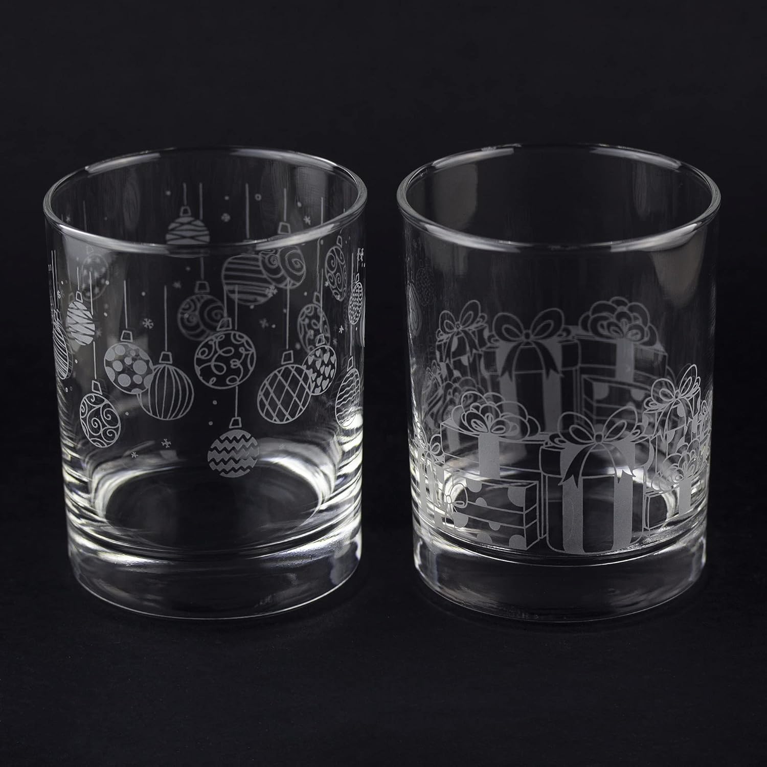 Susquehanna Glass Company Happy Holiday's Glassware, Ornament Wrap & Christmas Presents Wrap, 14 oz. Double on the Rocks, Etched Glass, Stemless Whiskey Glass Cups, Set of 2