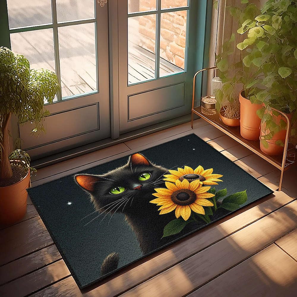 Tapis de porte extérieur chat noir et tournesols 65x90 cm pour entrée de maison et bar
