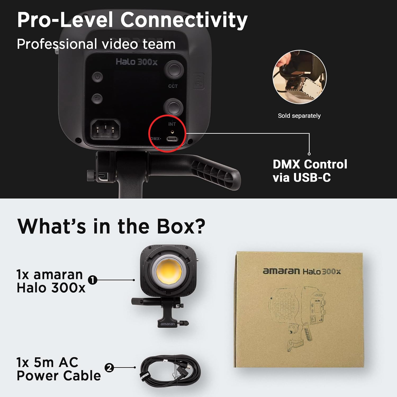 Amaran Halo 300x Bi-Color COB LED Video Light, 305W Continuous Output Lighting 2700K-6500K, 16200 Lux@1m App/DMX Control, Bowens Mount Studio Monolight for Photography, Livestreaming, Video Production