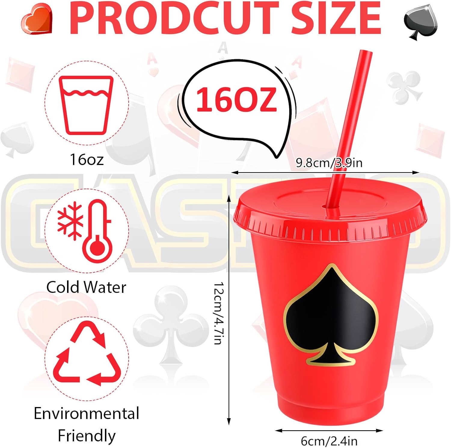 24 Pcs Casino Cups Party Supplies Casino Plastic Reusable Cute Cups with Lids and Straws 16 oz Cold Travel Mug Plastic Poker Tumblers Water Bottle for Poker Night Birthday Party