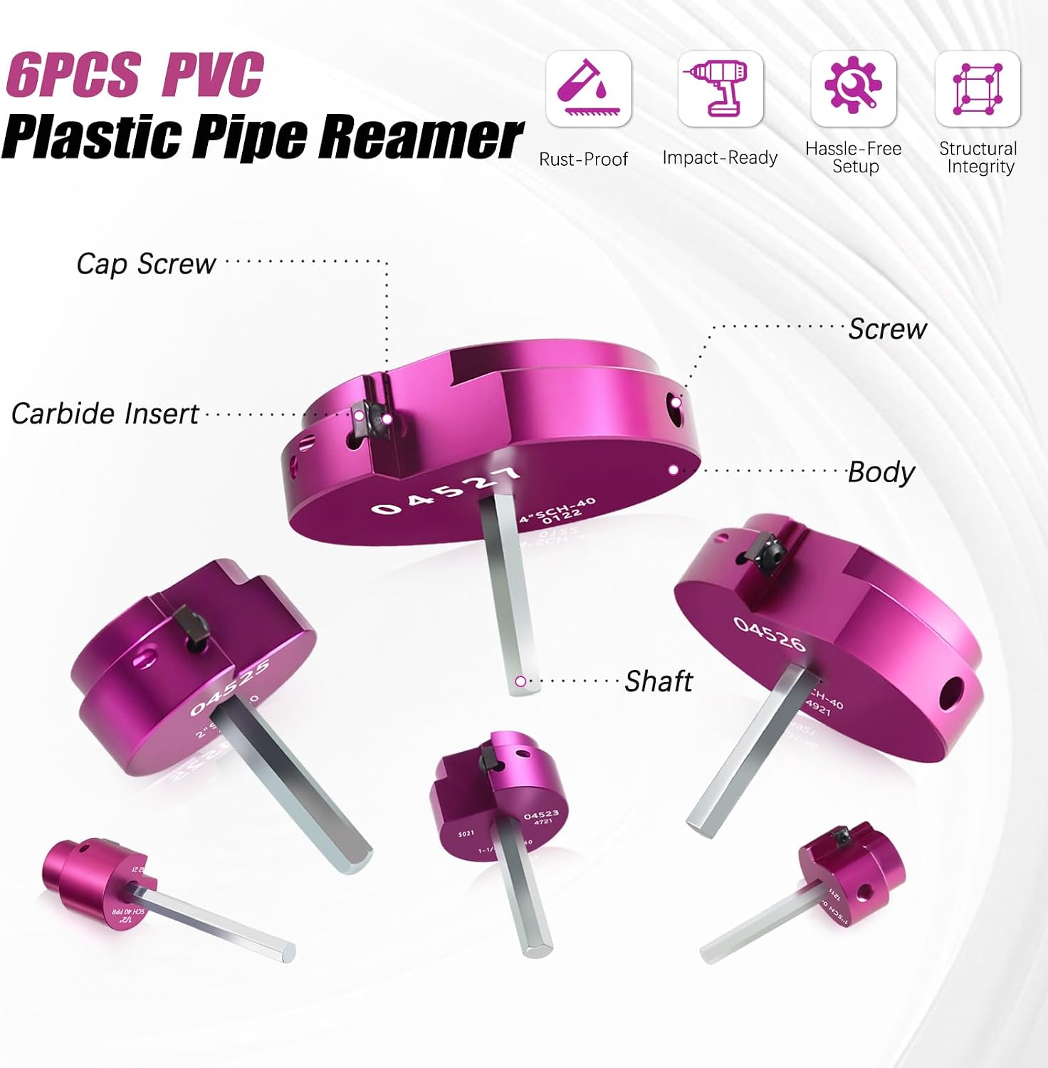 PVC Pipe Reamer Kit 6 PCS 1/2", 1", 1-1/4", 2", 3", 4" for SCH 40 PVC CPVC ABS, High Hardness Carbide & Heavyduty Aluminum Reamer Tool 3/8" Hex Shaft Fits 1/2" Drills for Exhaust Drain Water Pipe