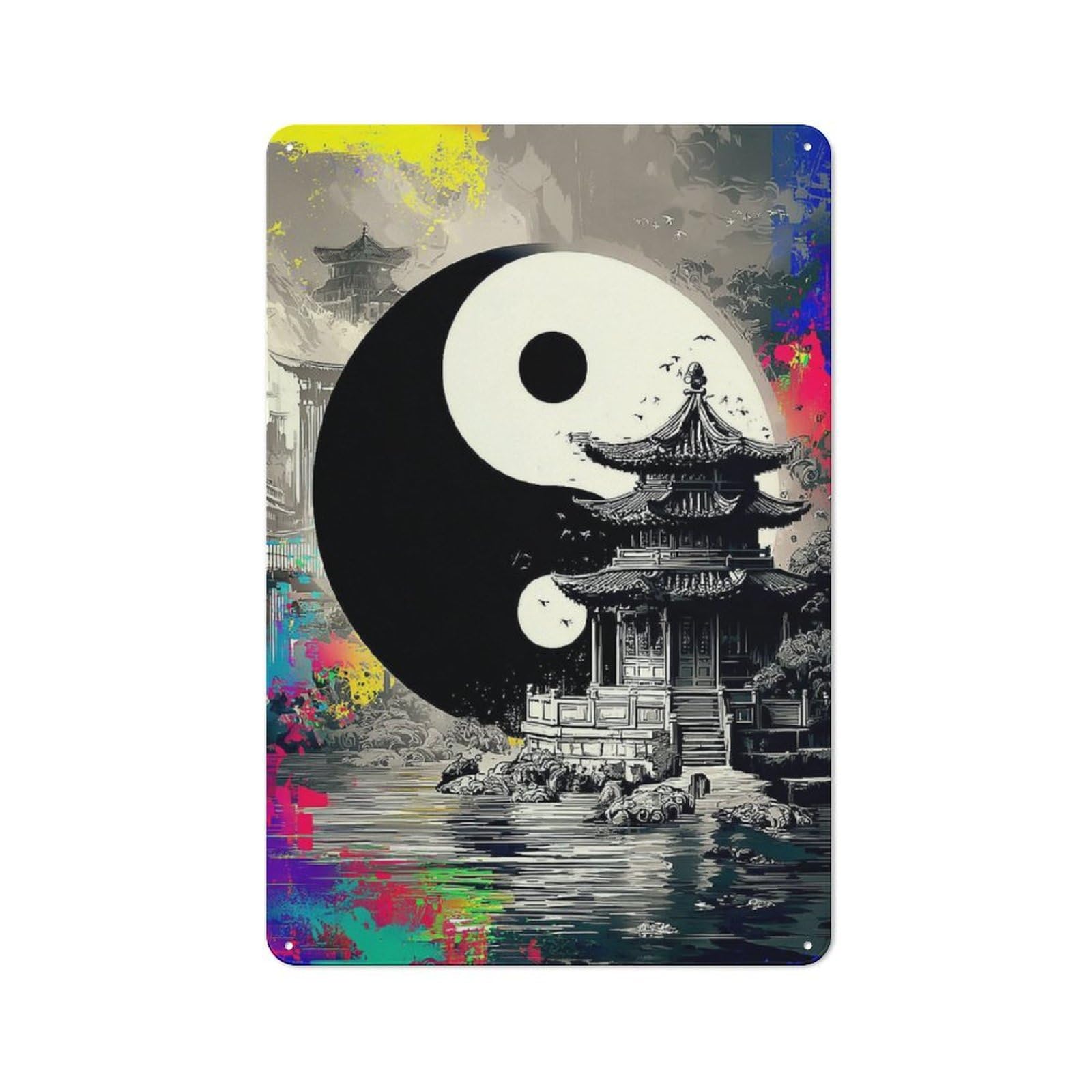Junmoney Yin-Yang Harmony Asian Architecture Vintage Tin Sign 30X20cm, Old Fashioned Nostalgic Wall Art For Bedroom, Office, Home Bar Or Dining Room