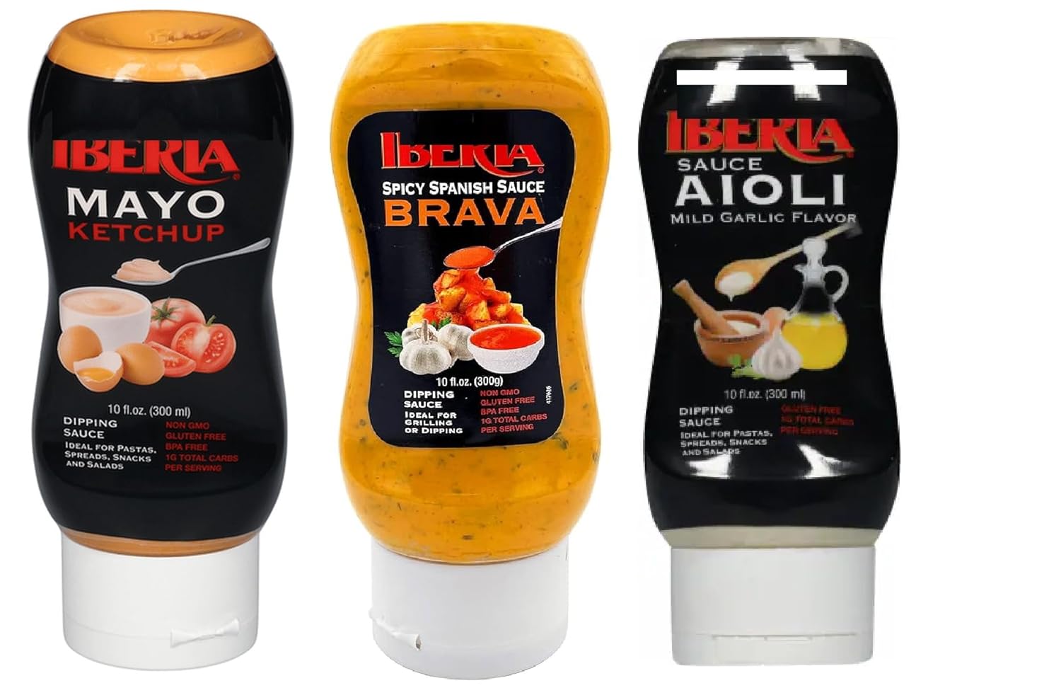 Iiberia Dipping Sauce Variety Pack – Mayo Ketchup, Spicy Spanish Brava, Mild Garlic Aioli – 10 fl oz Each – Gluten-Free, Non-GMO, Low Carb – Ideal for Grilling, Spreads, Snacks & Salads