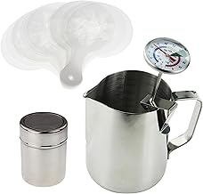 Barista Kit Includes Milk Thermometer, 600ml Jug, Cocoa Shaker and 16pc Stencil Set - Ideal For Coffee Latte Cappuccino Mocha
