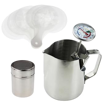 Barista Kit Includes Milk Thermometer, 600ml Jug, Cocoa Shaker and 16pc Stencil Set - Ideal For Coffee Latte Cappuccino Mocha