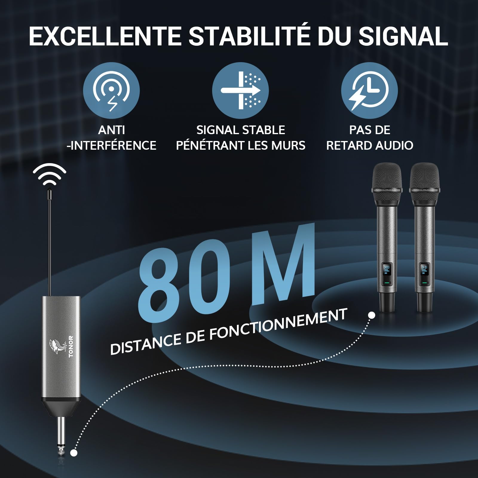 TONOR Microphone sans Fil Rechargeable Professionnel, Micro Dynamique en Métal 2x100 UHF, 80 M Range, TW520