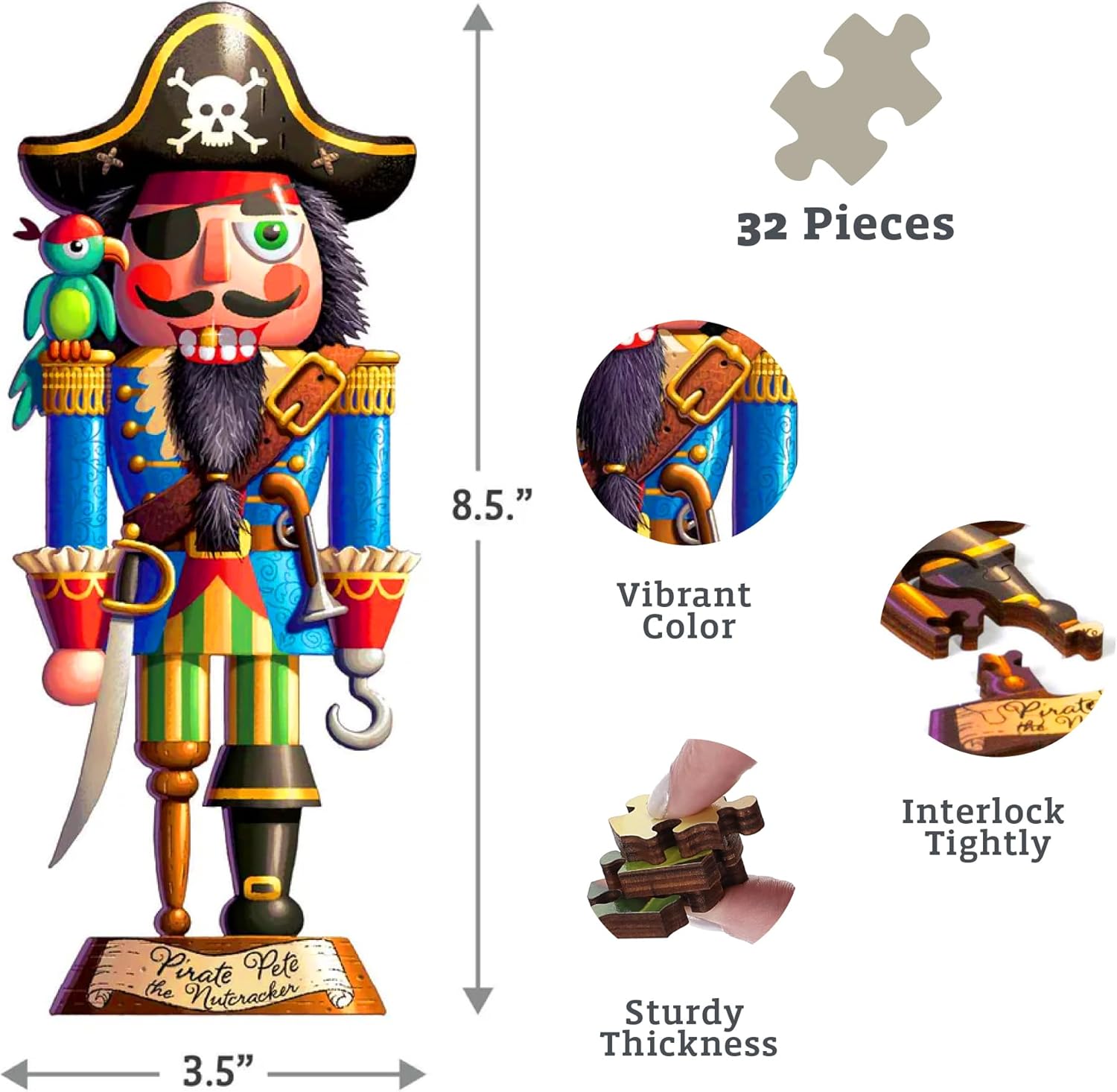 Boardwalk Puzzles Luxury Wood Puzzles - Pirate Pete - Fun Size 32 Pieces - Engaging Wooden Puzzle Activity Adults