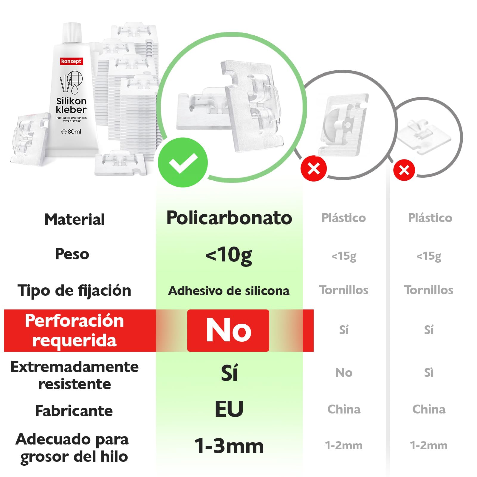 Konzept 11 Ganchos red gatos 70 u. con adhesivo 60 ml, ideales para redes de balcón, color transparente, sin necesidad de taladrar, para uso en exteriores e interiores.