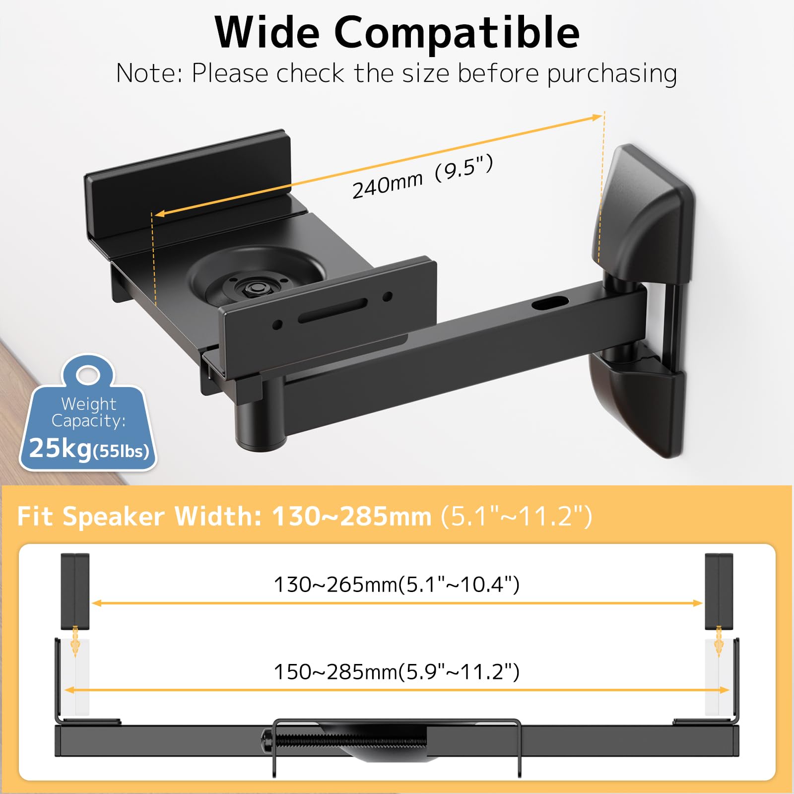 PUTORSEN Lautsprecher Wandhalterung - Voll einstellbare Universal Lautsprecher Halterung Wand, 2 Pack Boxen Wandhalterung, hält bis zu 25kg