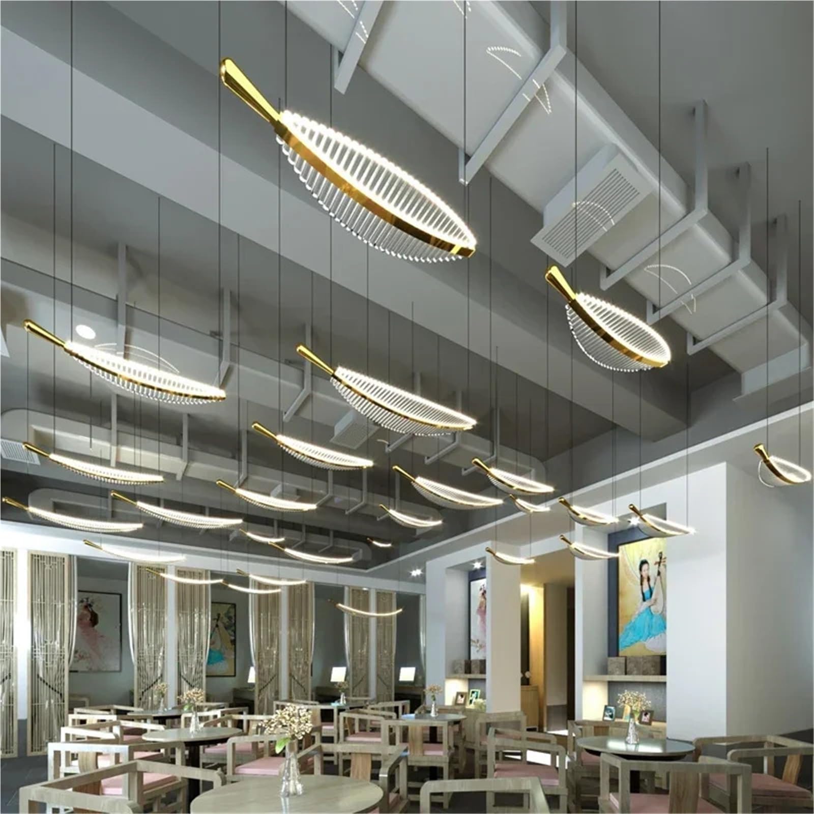 Lámpara de araña LED Moderna y Larga para Escalera, diseño de Plumas de Lujo, lámpara Colgante de Cristal, lámpara Dorada de Gran tamaño para recibidor.
