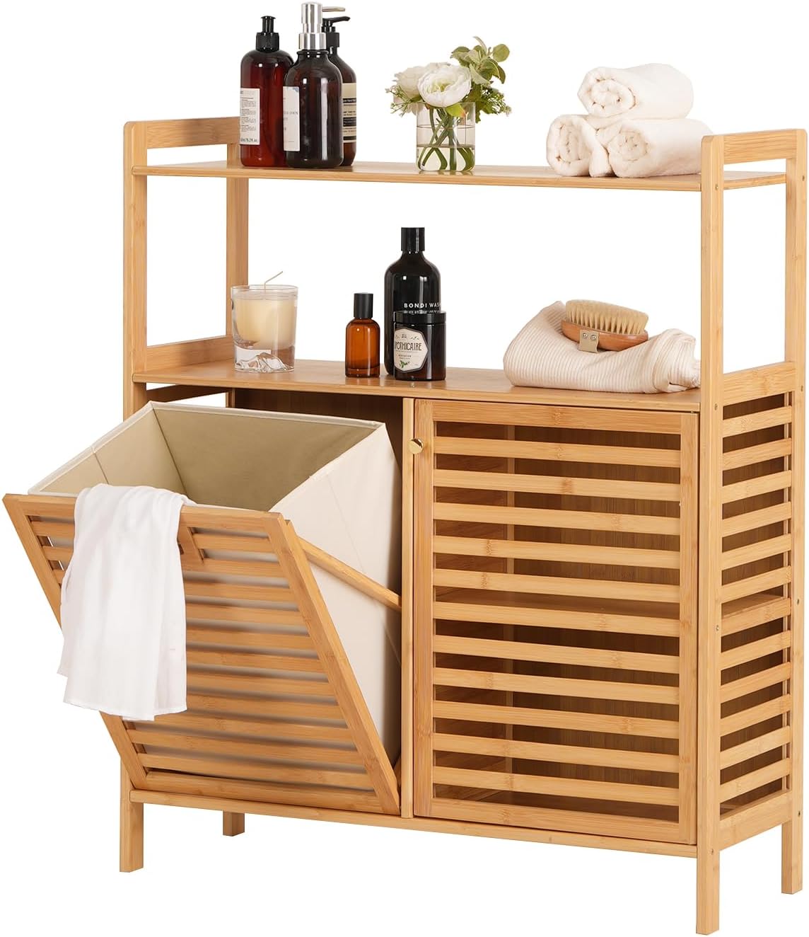 Baveke Tilt Out Laundry Hamper Cabinet- Bamboo Laundry Basket with Storage, Bathroom Laundry Hampers with 2 Tier Shelf & Pull Out Laundry Hamper Multiple Sections, Laundry Room Organization, Natural