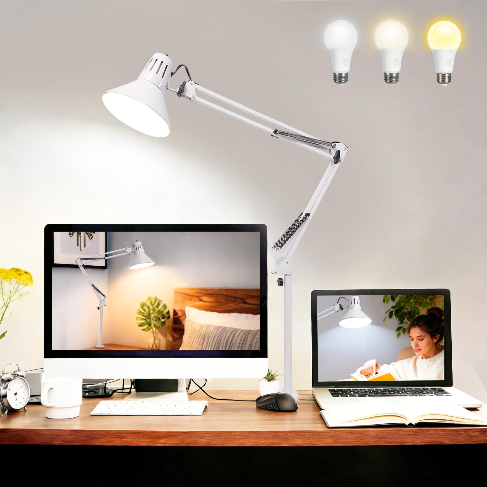 Photo 1 of ?LED Desk Lamp Dimmable with Clamp, Eye-Caring Clip on Lights for Home Office, 3 Adjustable Color Temperature,Extra Tall Metal Swing Arm, High Intensity Clamp w/A19 E26 Bulb for Working Reading