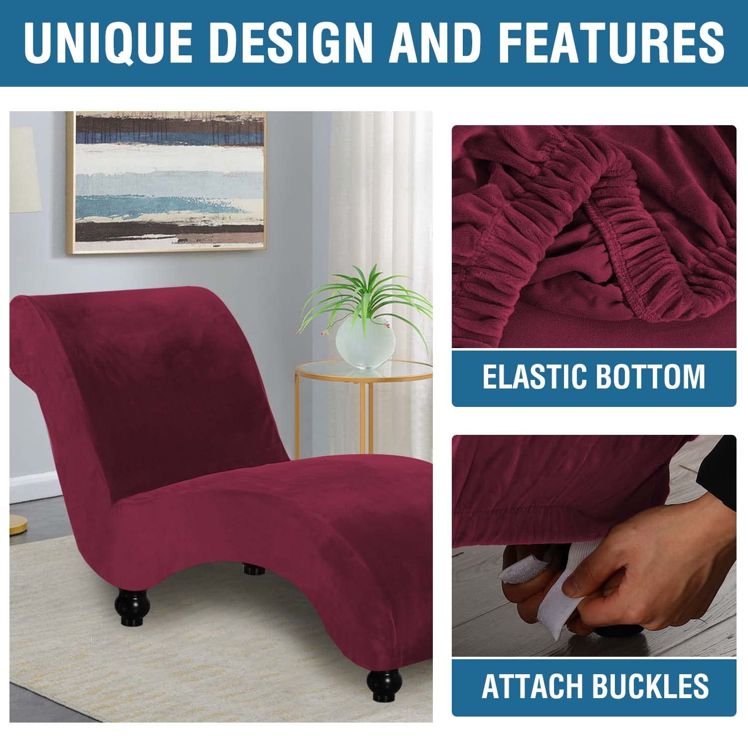 Chaise Lounge Cover Velvet Chaise Lounge Couch Cover High Stretch Chaise Lounge Slipcover Luxury Lounge Chair Cover for Living Room Soft Furniture Protector for Dog, Machine Washable, Burgundy