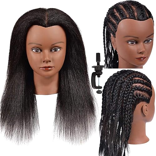Mannequin Head with 100% Real Hair 14 Inch Training Head Manikin Head Cosmetology Doll Head Hairdresser Hairstylist Practice Head for Hair Styling Braiding Curling Coiling Display with Stand