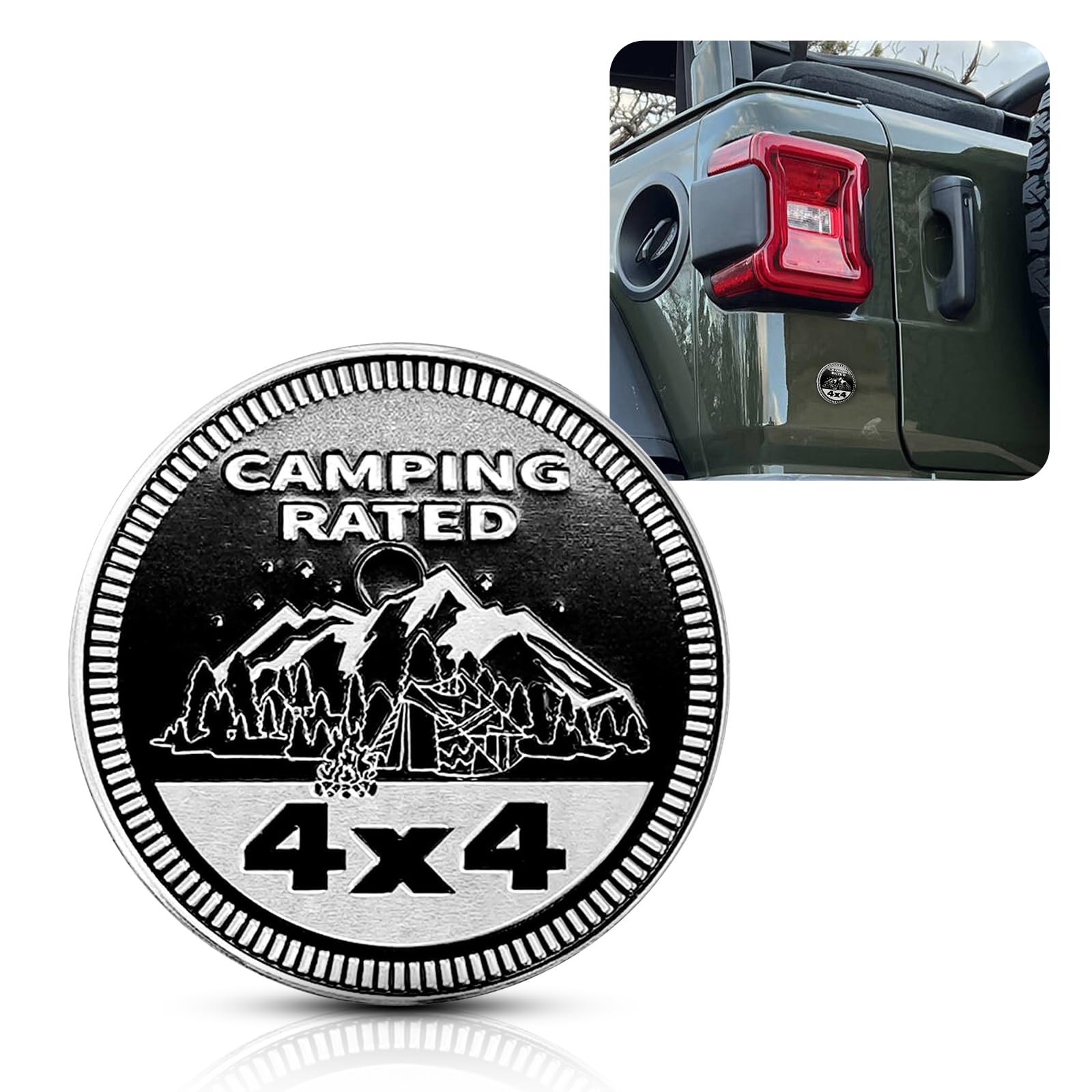 Bestmoy 4x4 Camping Badge 3D Metal Car Emblem, Round Decal Sticker, Compatible with Jeep Wrangler, SUVs, Trucks, and RVs - Vehicle Exterior Badge (Camping Rated)