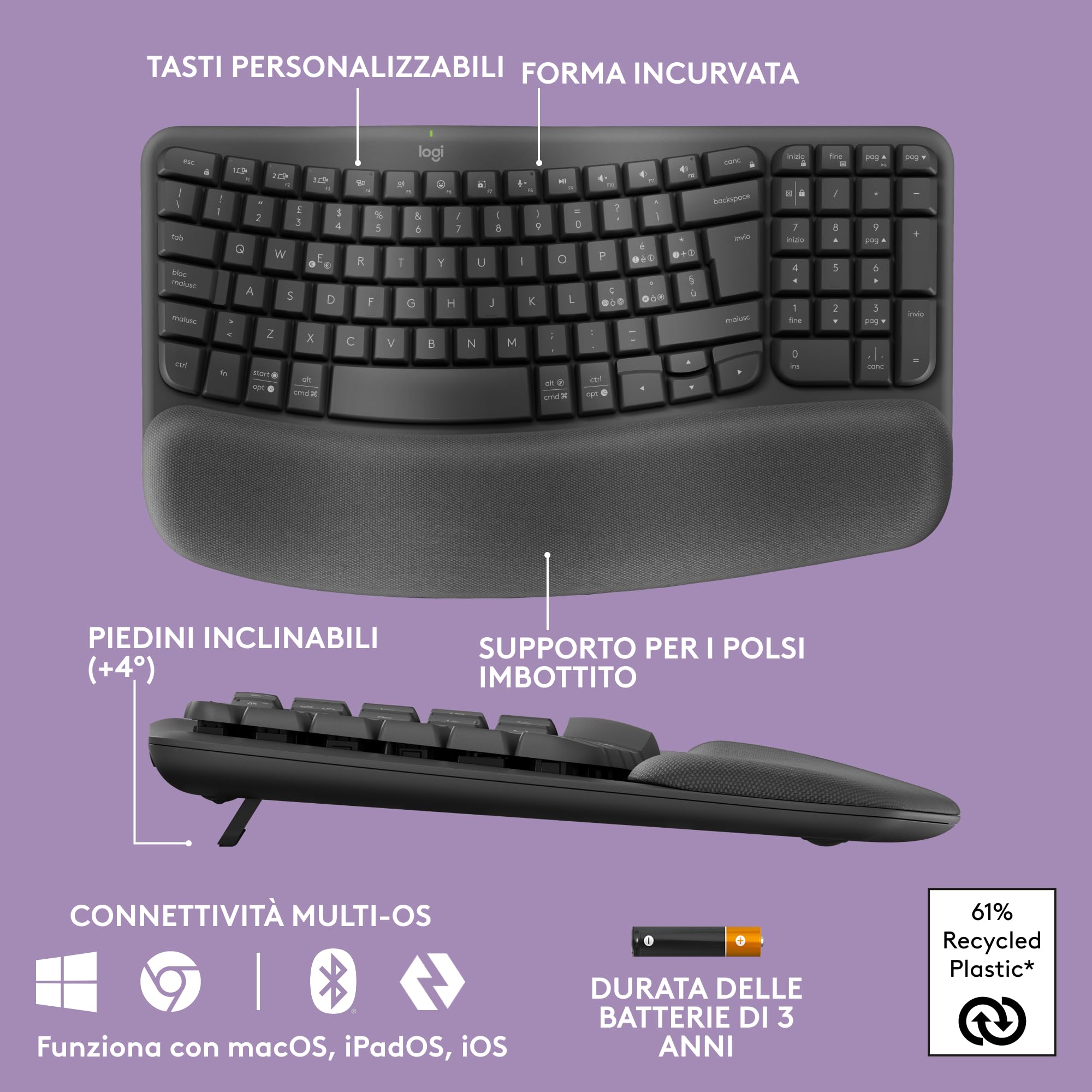 Logitech Wave Keys tastiera wireless ergonomica con supporto per i polsi imbottito, digitazione comoda, Easy-Switch, Bluetooth, Logi Bolt,compatibile con più sistemi operativi, Windows/Mac - Grafite