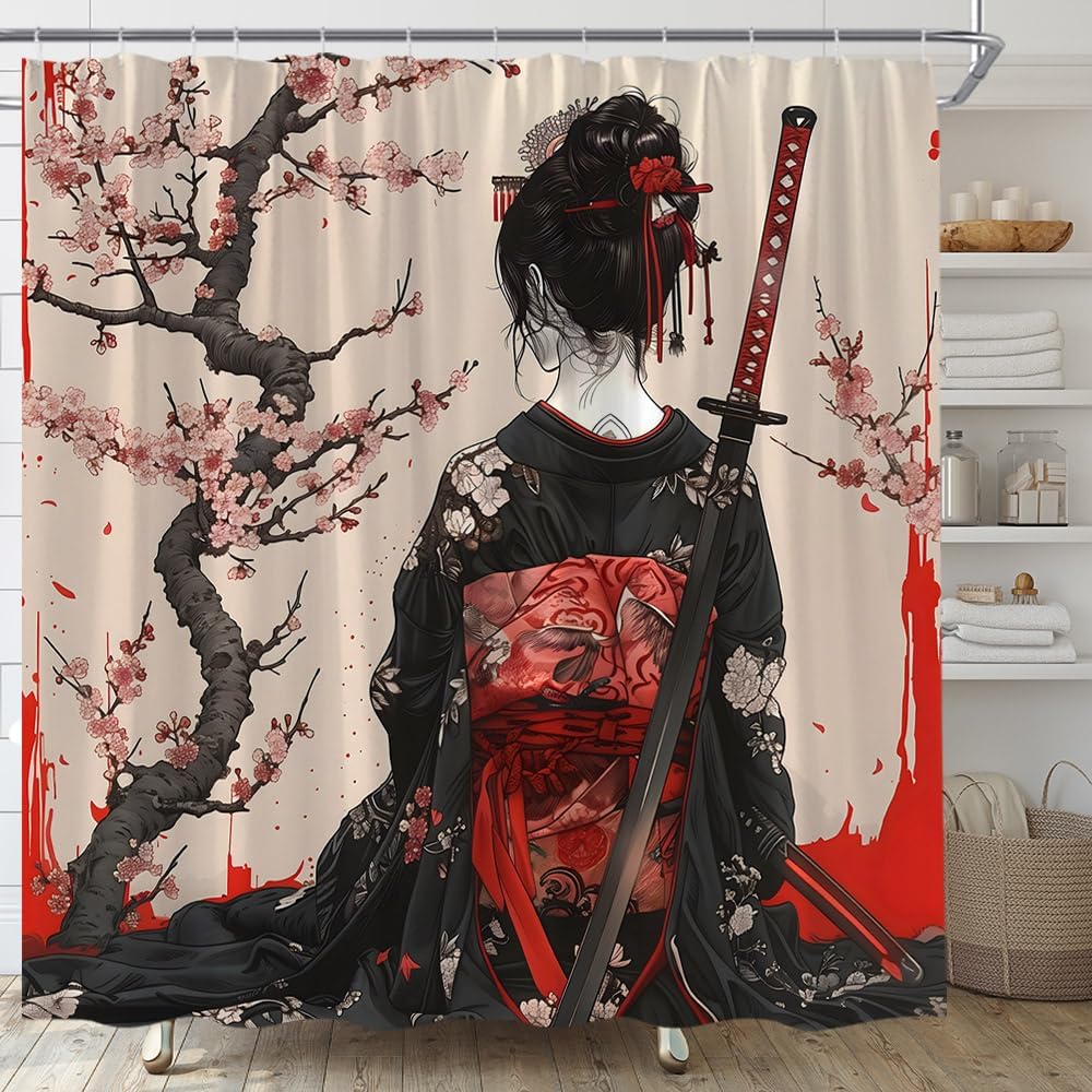 Japanese Geisha Shower Curtain Cherry Blossom Samurai Asian Traditional Oriental Costume Aesthetic Bathroom Curtain Set with Hooks(91" Wx70 H)