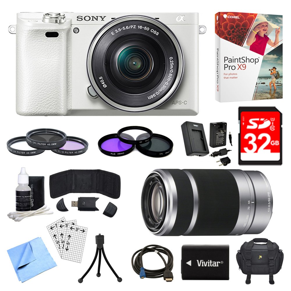 Sony Alpha a6000 White Camera with 16-50mm Power Zoom Lens, 55-210mm Zoom Lens Bundle with 2 Filter Kits, 32GB Memory Card, Software, Battery, Deco Gear Camera Bag and Accessories (12 Items)