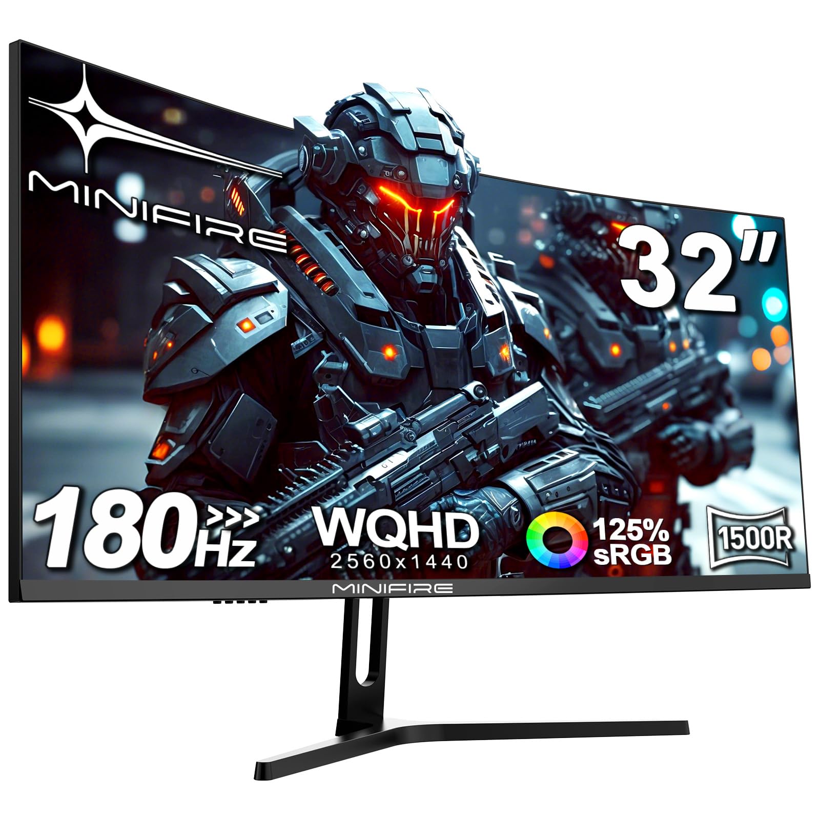 Minifire Monitor Gaming 32 pollici Curvo, PC Monitors Ultrawide WQHD(2560 x 1440), 180Hz, 1Ms, VA (1500R), UltraLarge, 2xHDMI 2.1 (144HZ), DP 1.2 (180Hz), AdaptiveSync, sRGB125%, DCI-P3 90%, Eye Care