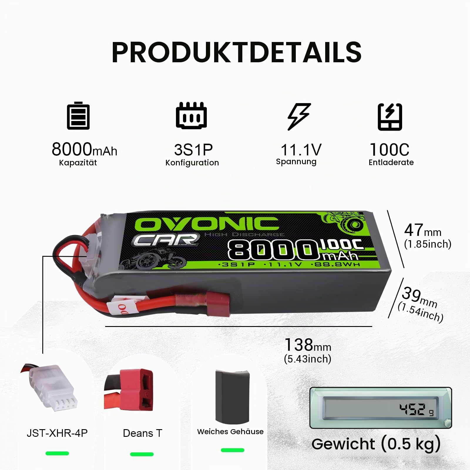 OVONIC 3s Lipo Akku 11.1V 8000mAh 100C mit Deans T Stecker für Auto FPV UAV RC Boot Flugzeug Helikopter Multirotor (2 Stück)