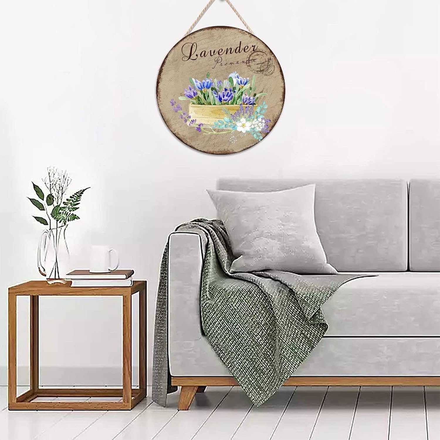 Lavender Wood Door Sign, Custom Calligraphy Round Door Hanger Sign, 16x16in Personalized Pattern Wall Door Hanging Sign Decor for Outdoor Front Porch Front Door Housewarming Gifts