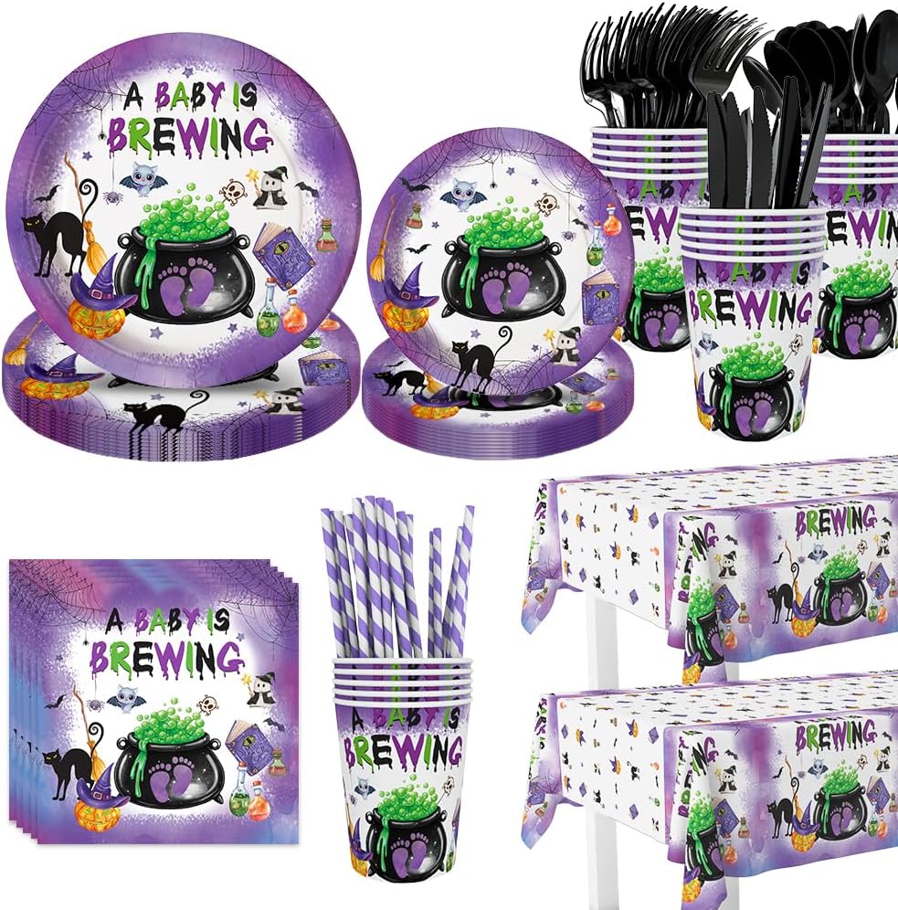 194pcs Halloween Baby Shower Decorations Halloween A Baby is Brewing Baby Shower Party Plates, Cup, Napkin, Tablecloth, Tableware, Halloween Party Supplies Plates Serve 24 Guests
