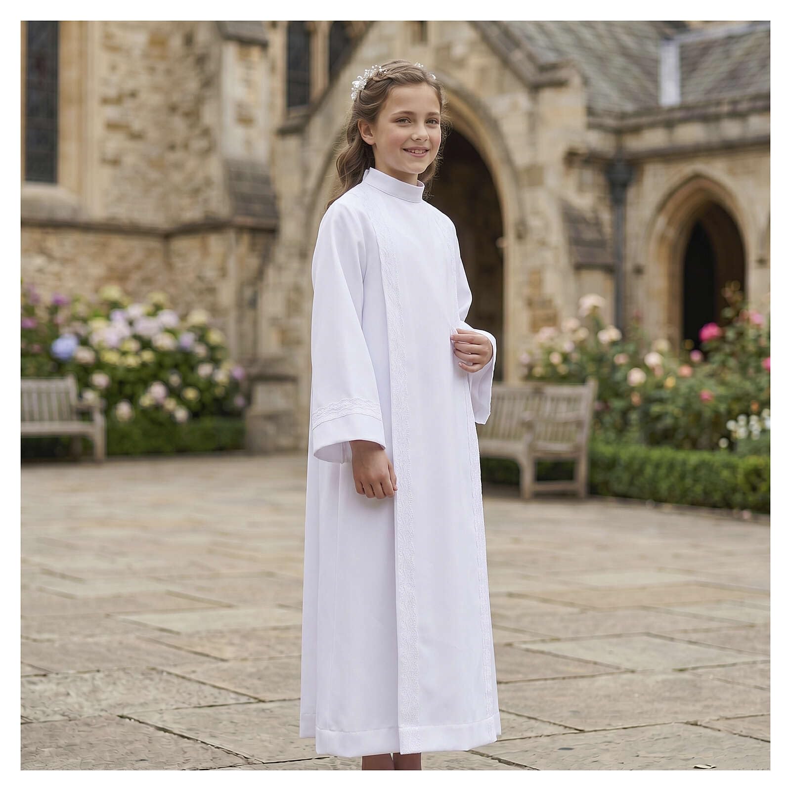 Holyart Vestidos comunión: Cogulla Primera Comunión macramé cinturón moño