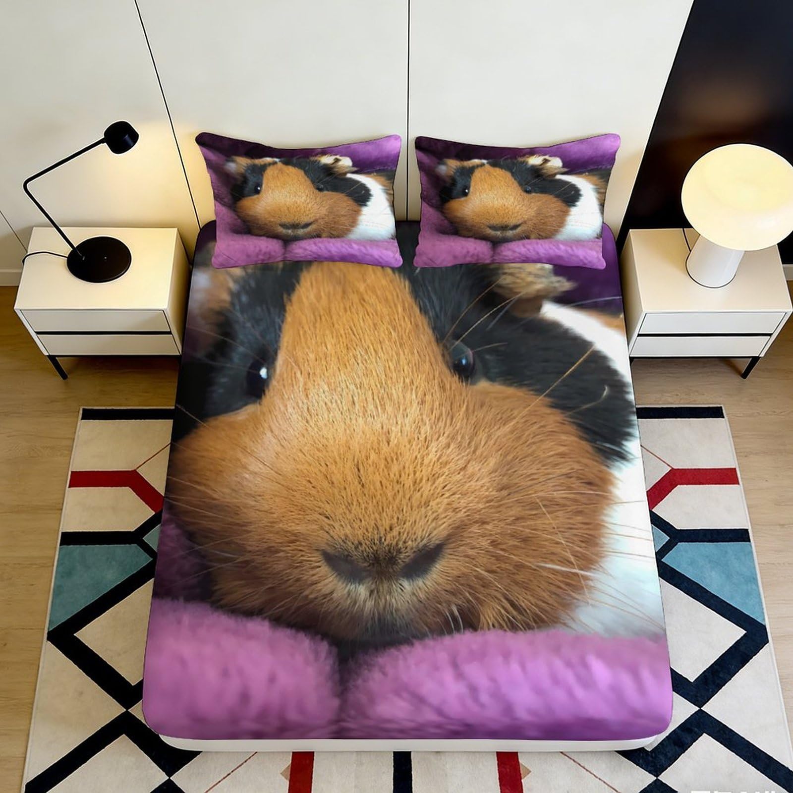 3D Printed Guinea Pig Fitted Sheet Microfiber Soft Durable 90x200cm 3D Guinea Pig Bed Cover Mattress Protection for Bedroom Dorm Dormitory Guest Room 140x200x25cm