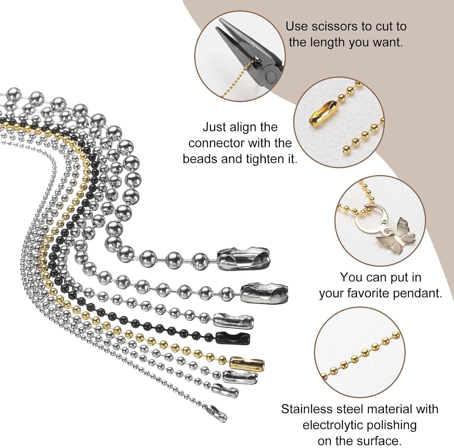 HARFINGTON Iron Ball Chain 2.4mm 25.6" Length Round Bead Necklace Dog Tag Pull Chains with Connectors Clasps for Men Women Jewelry Making Bracelets Keychain, Gun Black image 4