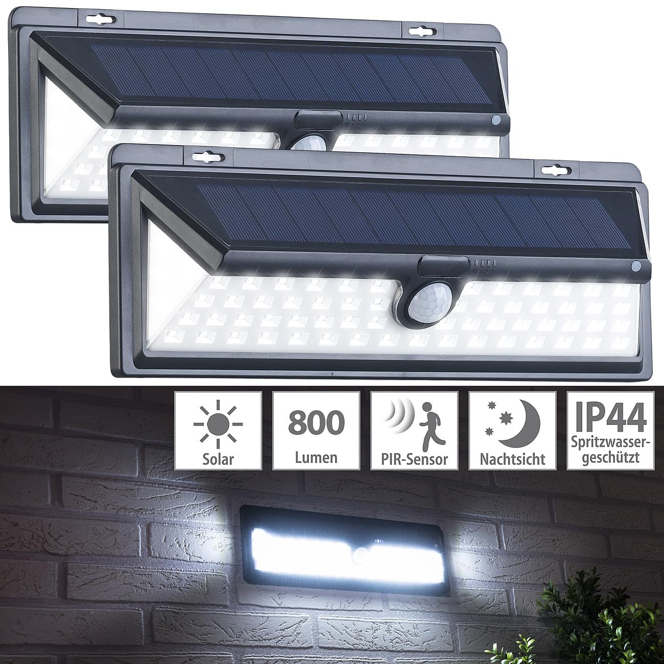 Luminea Solar Außenleuchten: 2er-Set Solar-LED-Wandleuchten, Bewegungs-Sensor, Akku, 800 lm, 13,2 W (LED-Nachtlicht, Licht-Sensor-Lampen, Akkus)