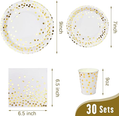 Miniatura 2 de Lzerking Juego de suministros para fiestas 210 piezas de platos de papel de puntos blancos y dorados, vasos, servilletas y cubiertos resistentes