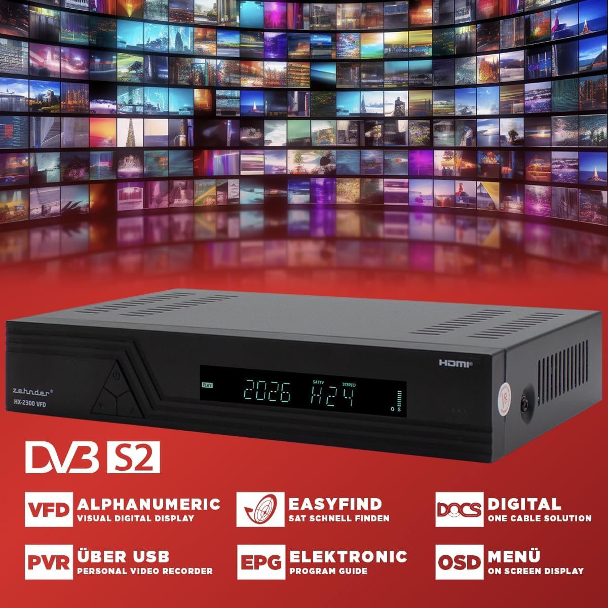 [ Test bardzo dobry, Note 1.3 *] Odbiornik satelitarny HX 2300 VFD + kabel HDMI, z funkcją nagrywania, obsługuje Full HD, cyfrowy odbiornik satelitarny do anteny satelitarnej, satelitarnej, odbiornika
