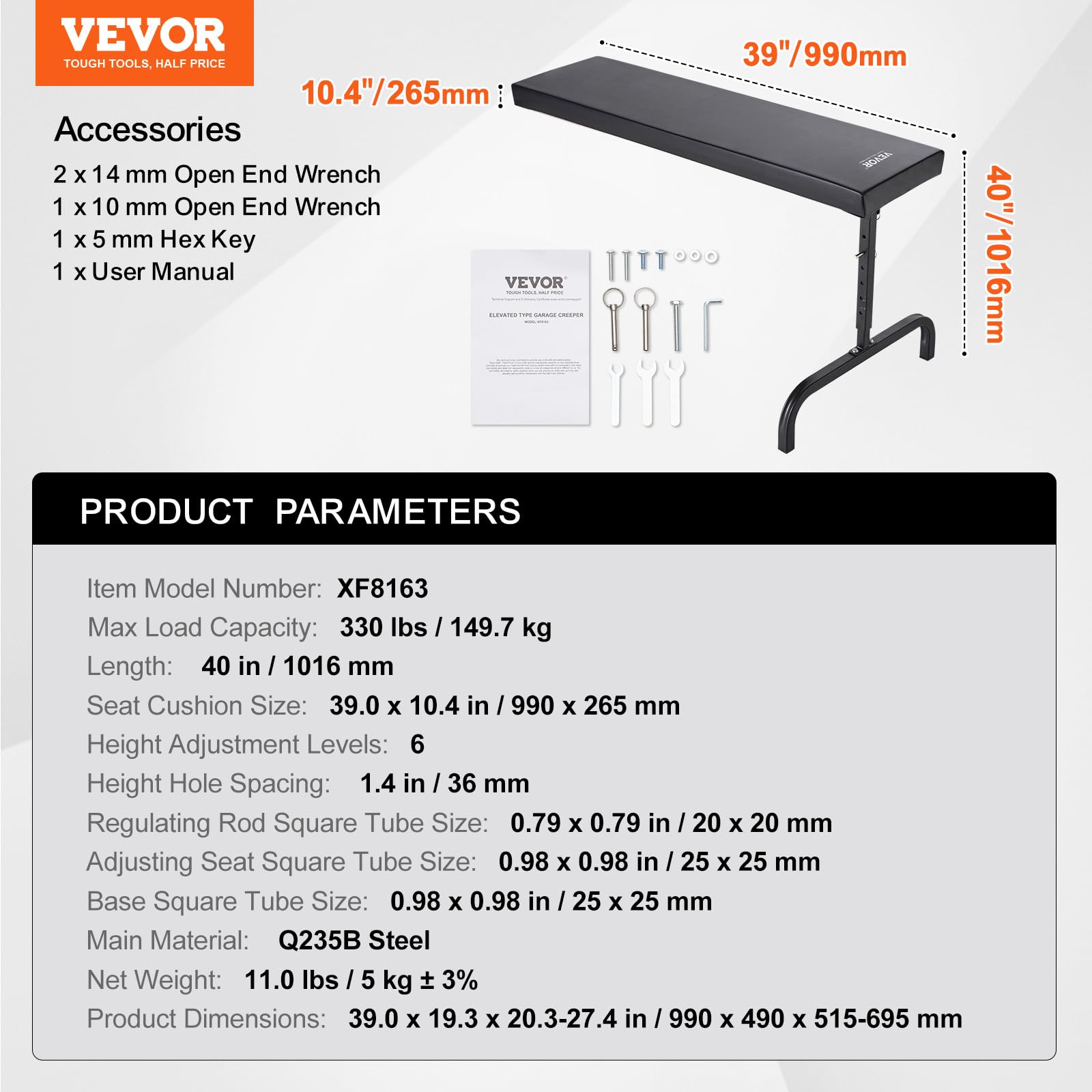 VEVOR Carrello Sotto il Cruscotto, 1016 mm, Capacità 149,7 kg Carrello Garage Meccanico con Ruote, Altezza Regolabile da 515-695 mm, Appoggiato in Posizione Verticale, Supporto Pieghevole Facile