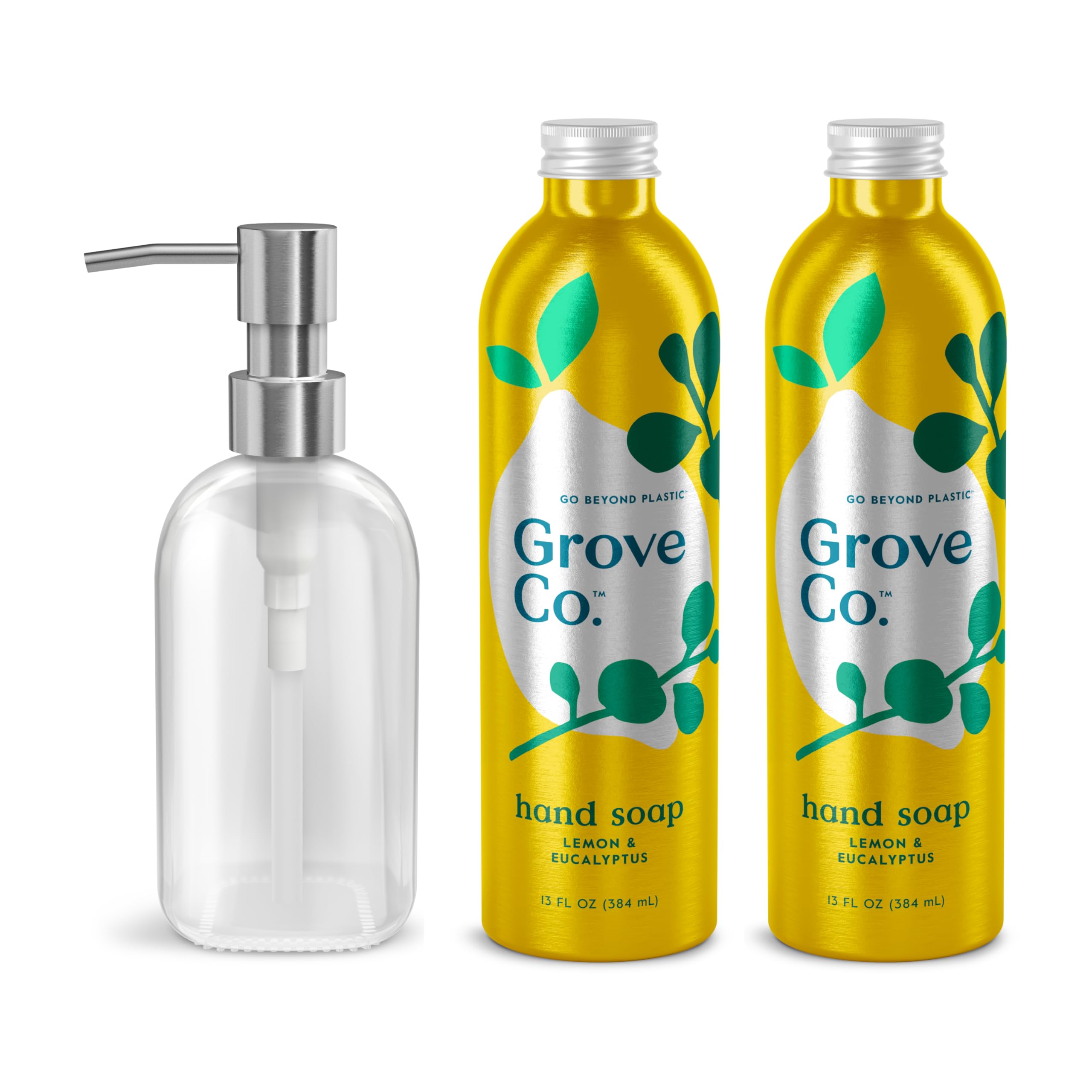 Grove Co. Hydrating Gel Hand Soap Refills (2 x 13 Fl Oz) + 1 x Reusable Glass Soap Dispenser, Refillable Liquid Hand Soap Starter Kit, Natural Lemon &